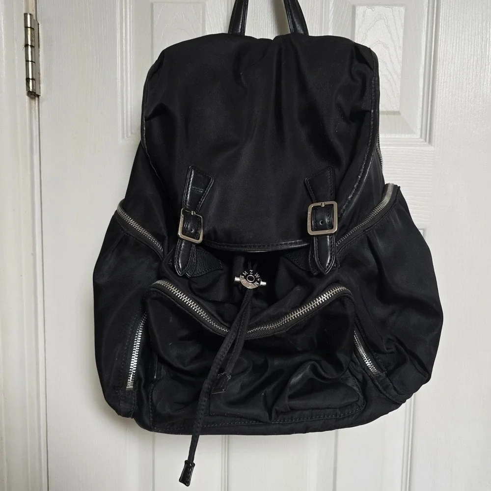 MZ WALLACE Marlena Backpack Striking Black Leather Nylon Gold‎ Hardware Buckle